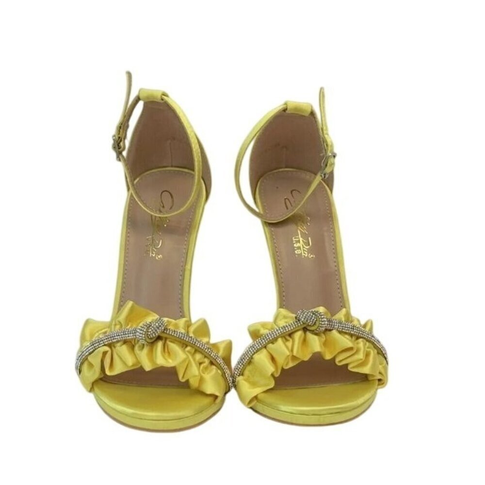 KATHY DIN / Chelsey-17 / Yellow Satin / Rhinestone / Ruffle / High Heeled Sandal - Picture 6 of 10